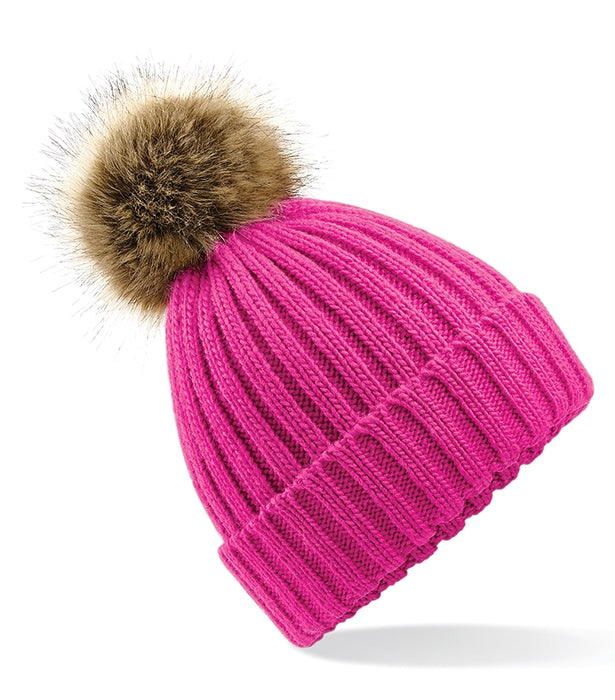 Faux Fur Pop Pom Chunky Beanie