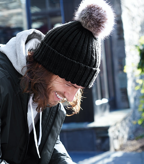 Faux Fur Pop Pom Chunky Beanie